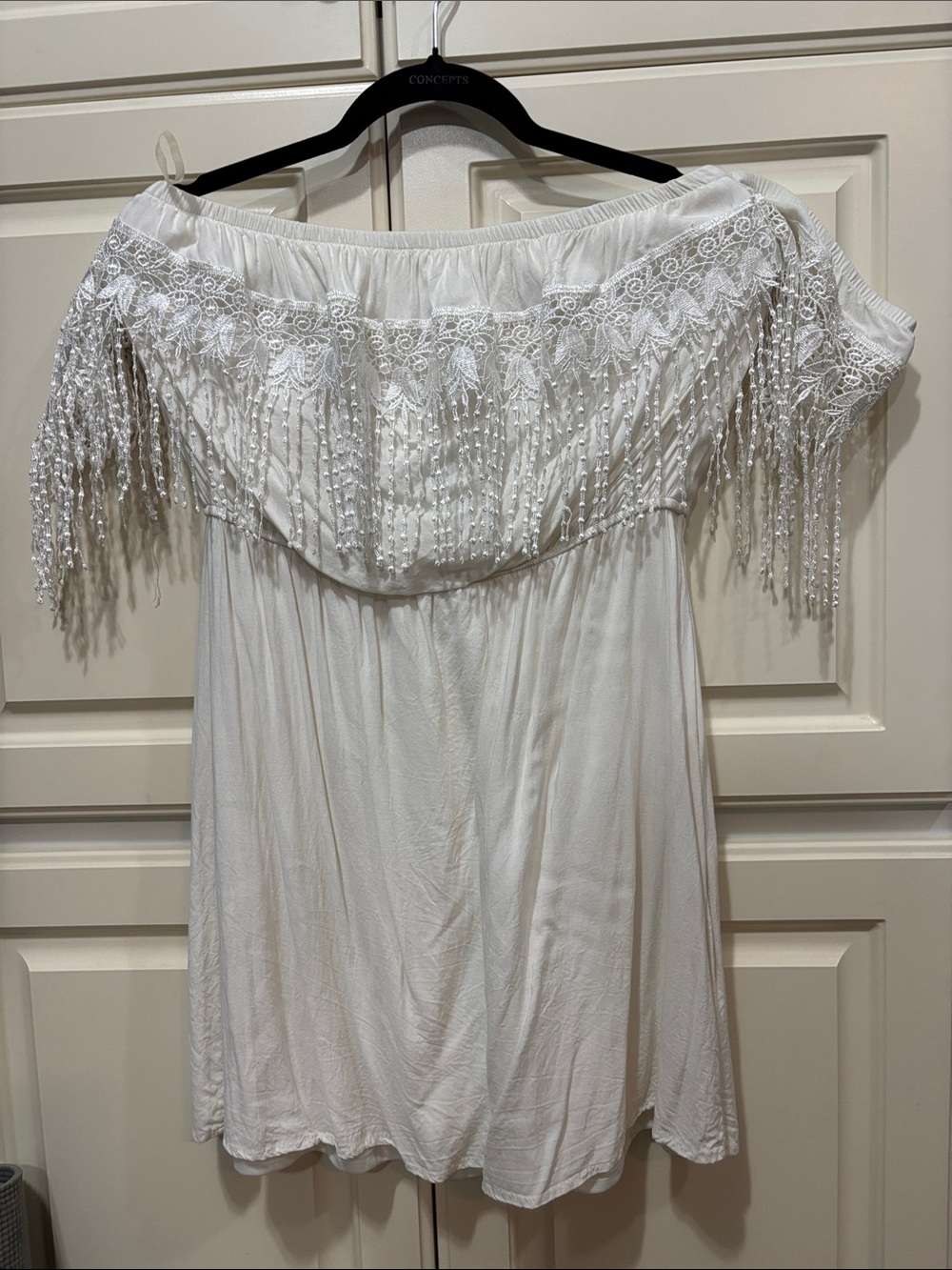 Off-Shoulder White Beaded Fringe Dress